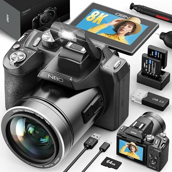 8K Digital Camera with 64MP 16X Zoom Flip Screen