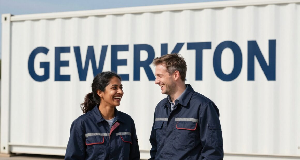 Two professionals in dark blue workwear laughing in front of a white site container with the GEWERKTON lettering